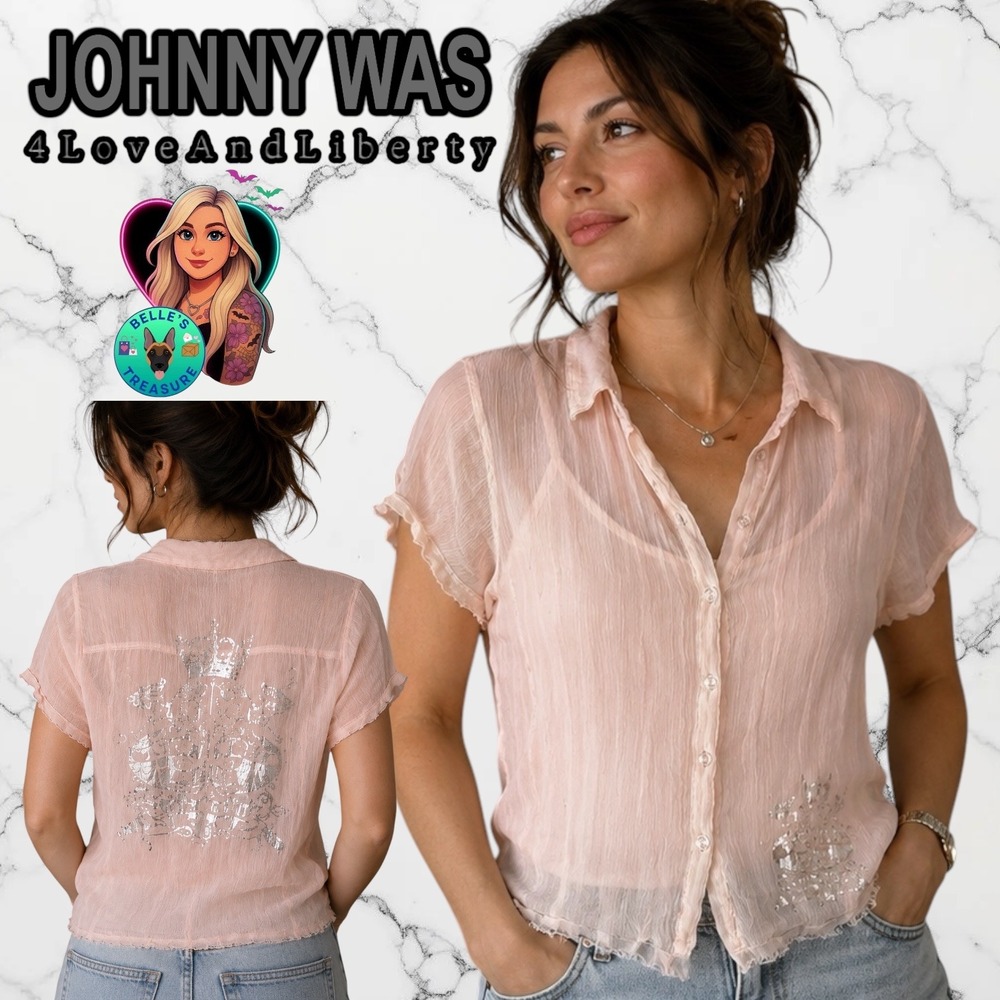 Johnny Was 4 Love & Liberty Pink 100% Silk Silver Foil Graphic Blouse Small‎
